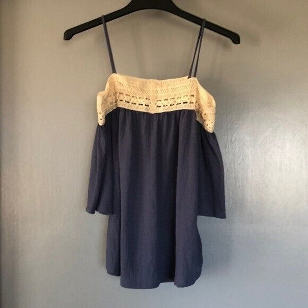 Free Kisses Navy Blue off the Shoulder Blouse Short Sleeve Crochet Top Sz Large